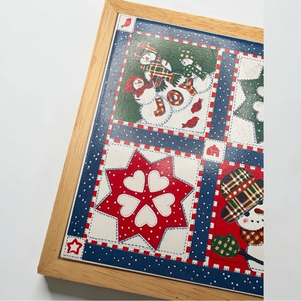 Hallmark Cards Christmas Ceramic Quilt Design With Wood Trim Trivet Vintage